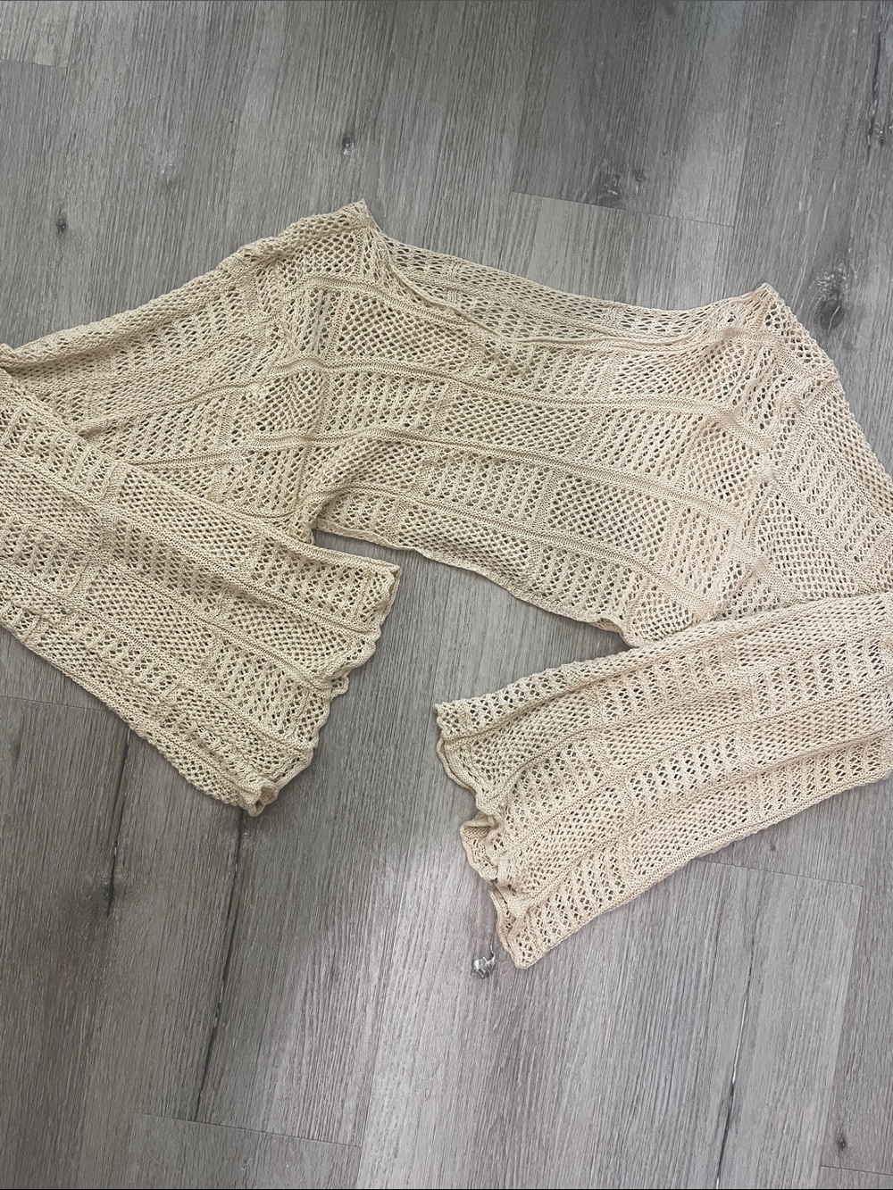 Beige Crochet Knit Swim Coverup - Lightweight Openwork Beach Top